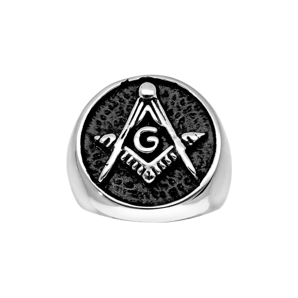 Bague  en acier ronde motif  franc - maçon résine noire