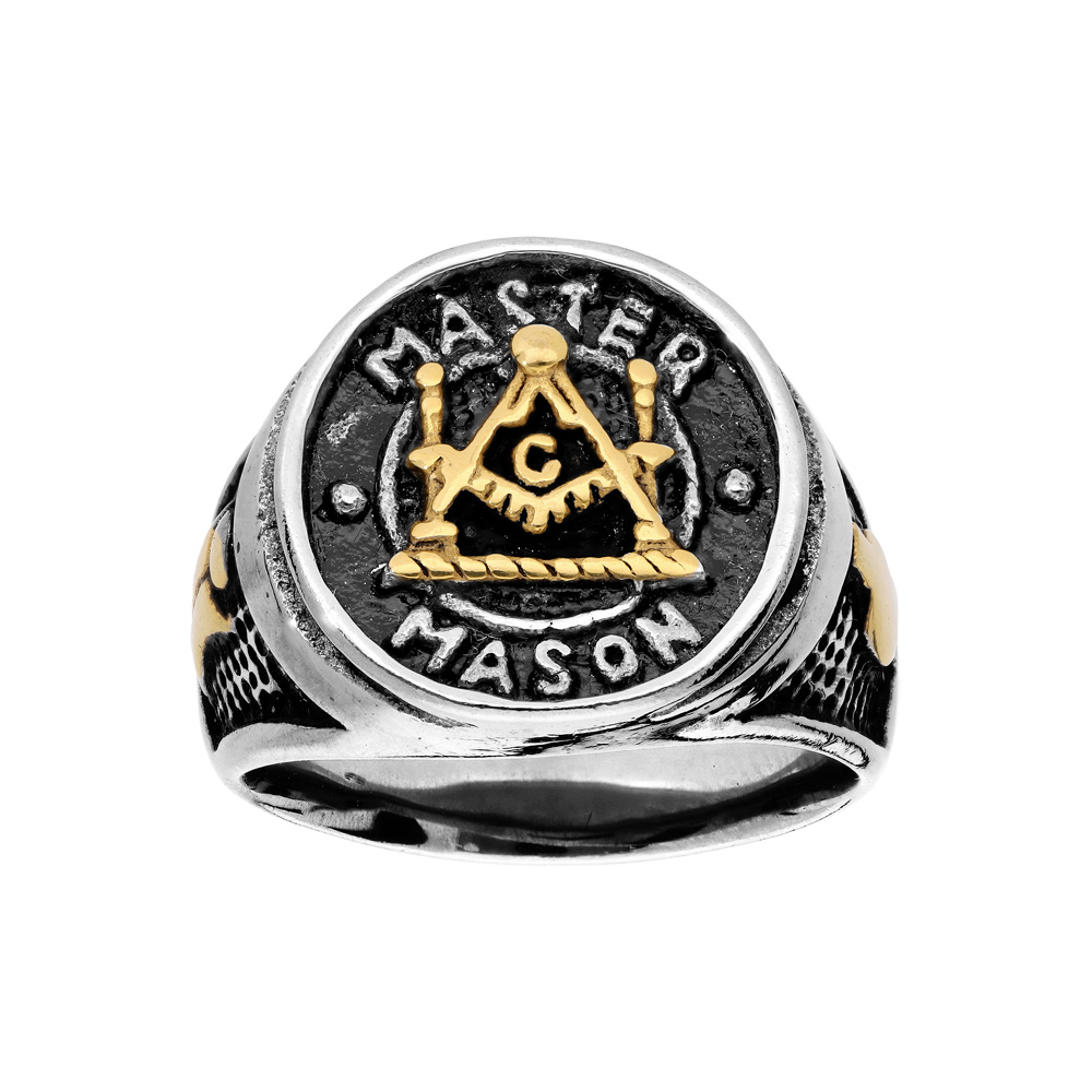 Bague en acier ronde motif franc - maÇon PVD doré et résine noire