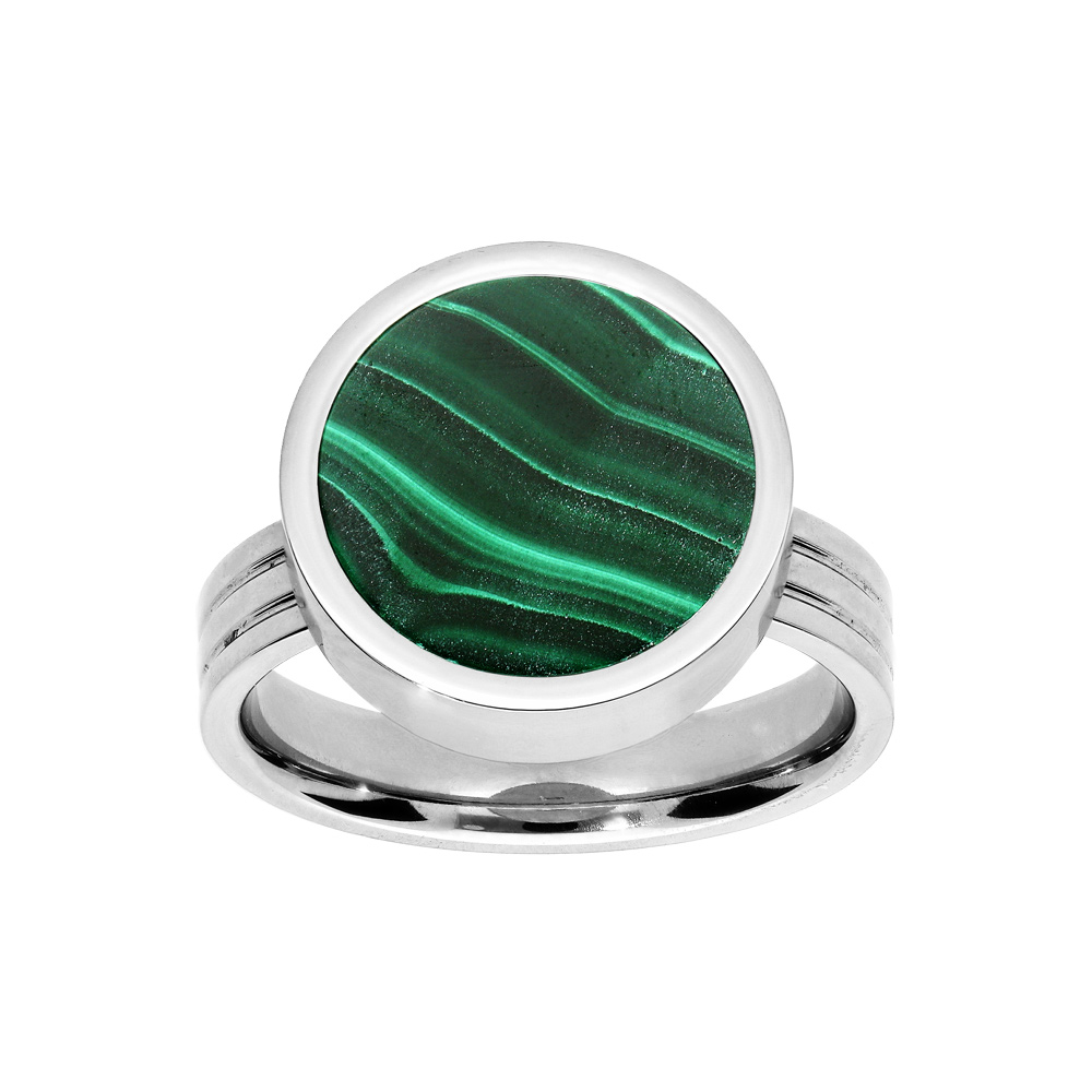 Bague en acier ronde avec Malachite véritable dévissable avec possibilité de graver l'intérieur