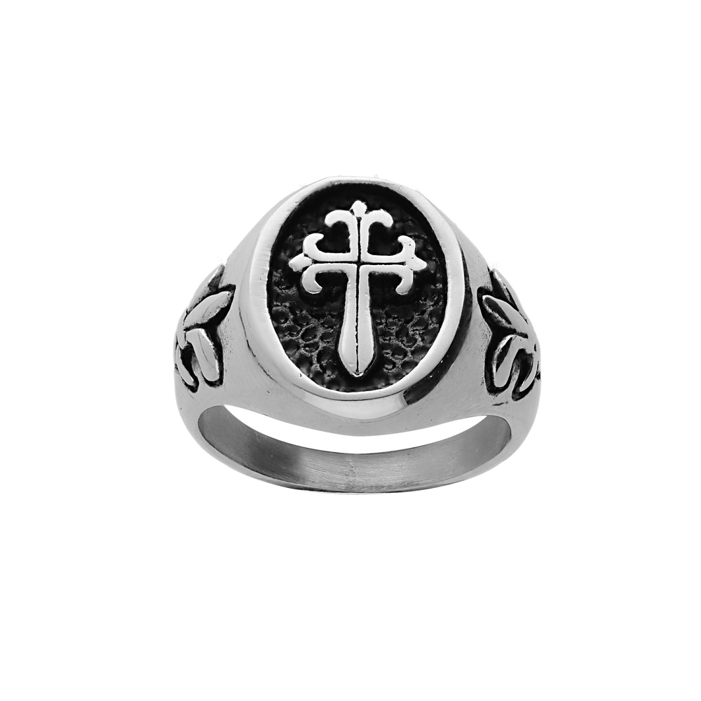 Chevaliere en acier plateau ovale motif épée et fleur de lys Chevaliere en acier plateau ovale motif épée et fleur de lys