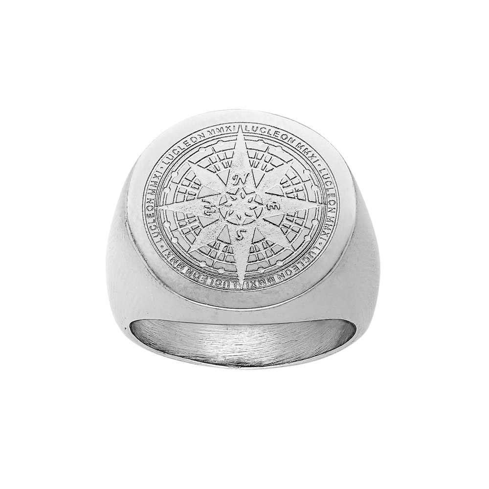 Chevalière en acier ronde motif boussole nautique
