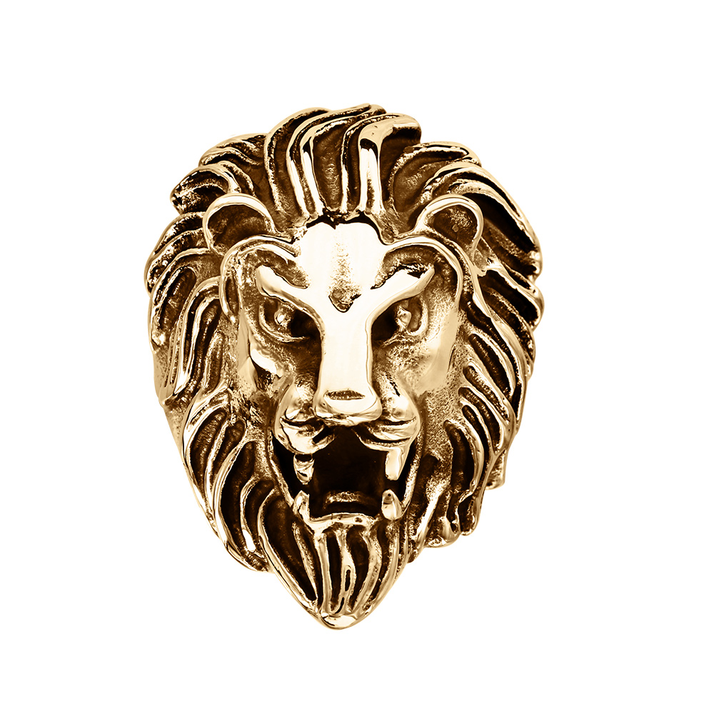 Bague en acier doré et patine tête de lion