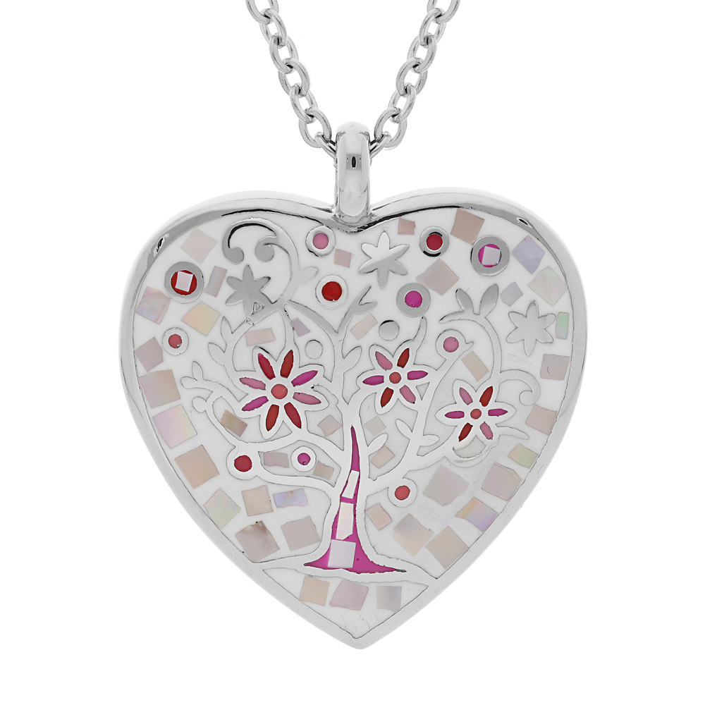 Collier Stella Mia en acier chaîne avec pendentif coeur (32X30mm)  motif arbre de vie avec nacre - 38+7cm
