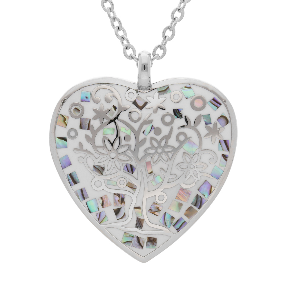 Collier Stella Mia en acier chaîne avec pendentif coeur (32X30mm) motif arbre de vie couleur bleur avec nacre - 38+7cm