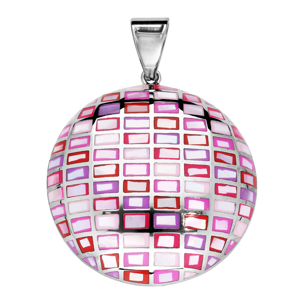 Pendentif en acier Stella Mia avec nacre rond motifs rectangles roses