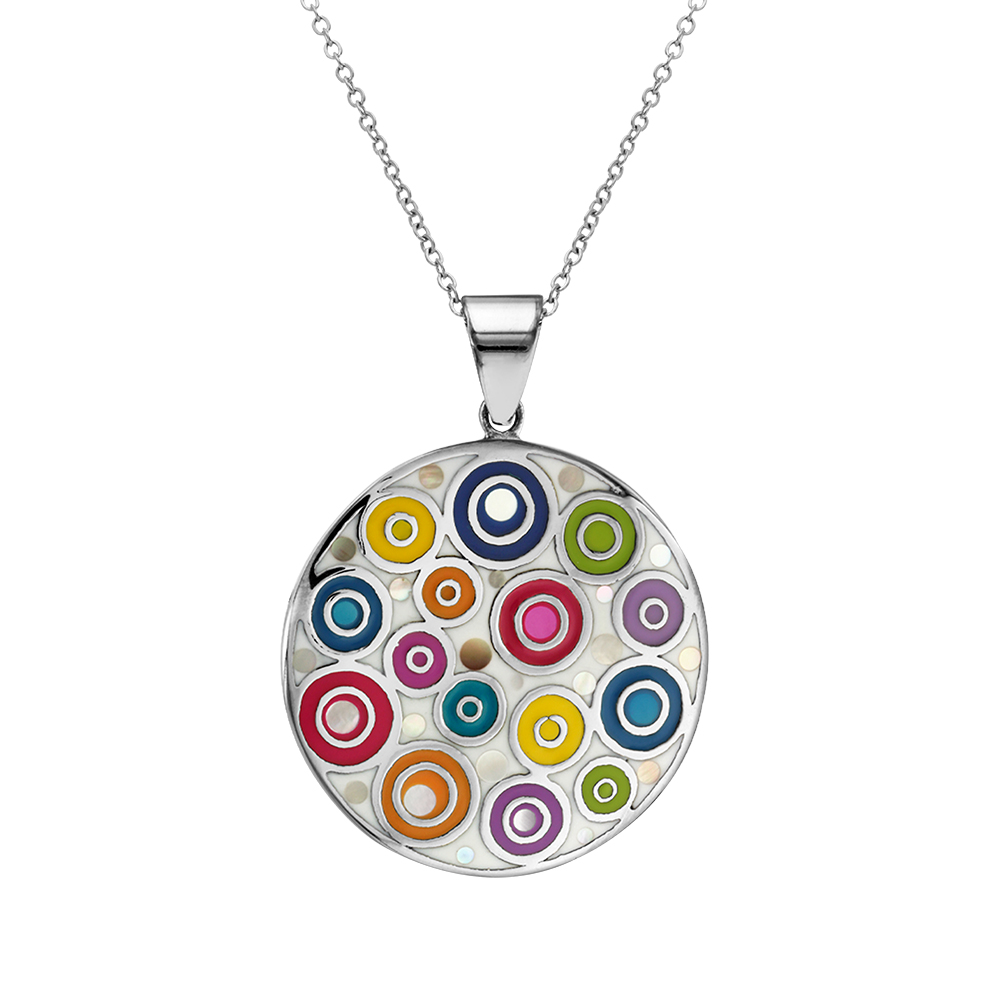 Collier Stella Mia en acier et nacre avec pendentif rond avec motifs spirales et multicolore 45cm + 10cm