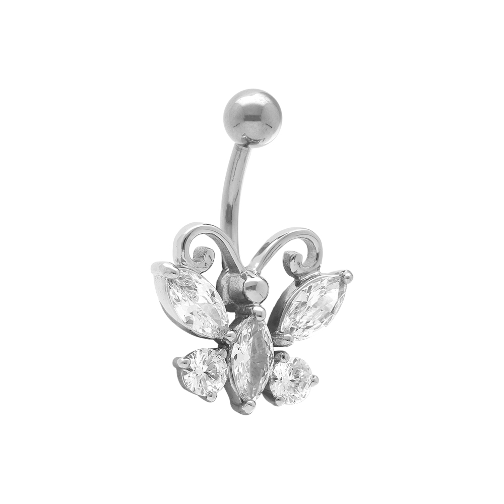 Piercing de nombril en acier papillon en oxydes blancs