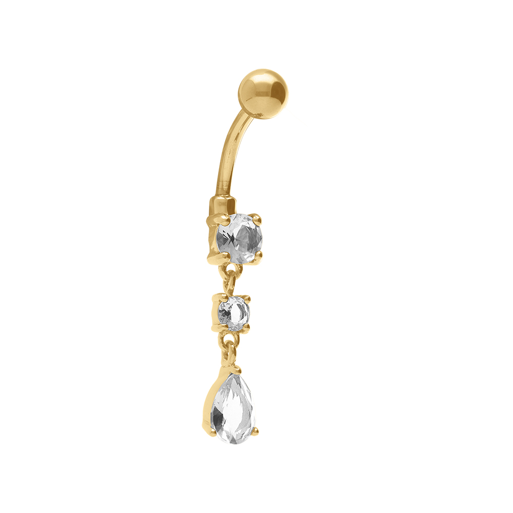 Piercing nombril en acier dore trois pierres blanches