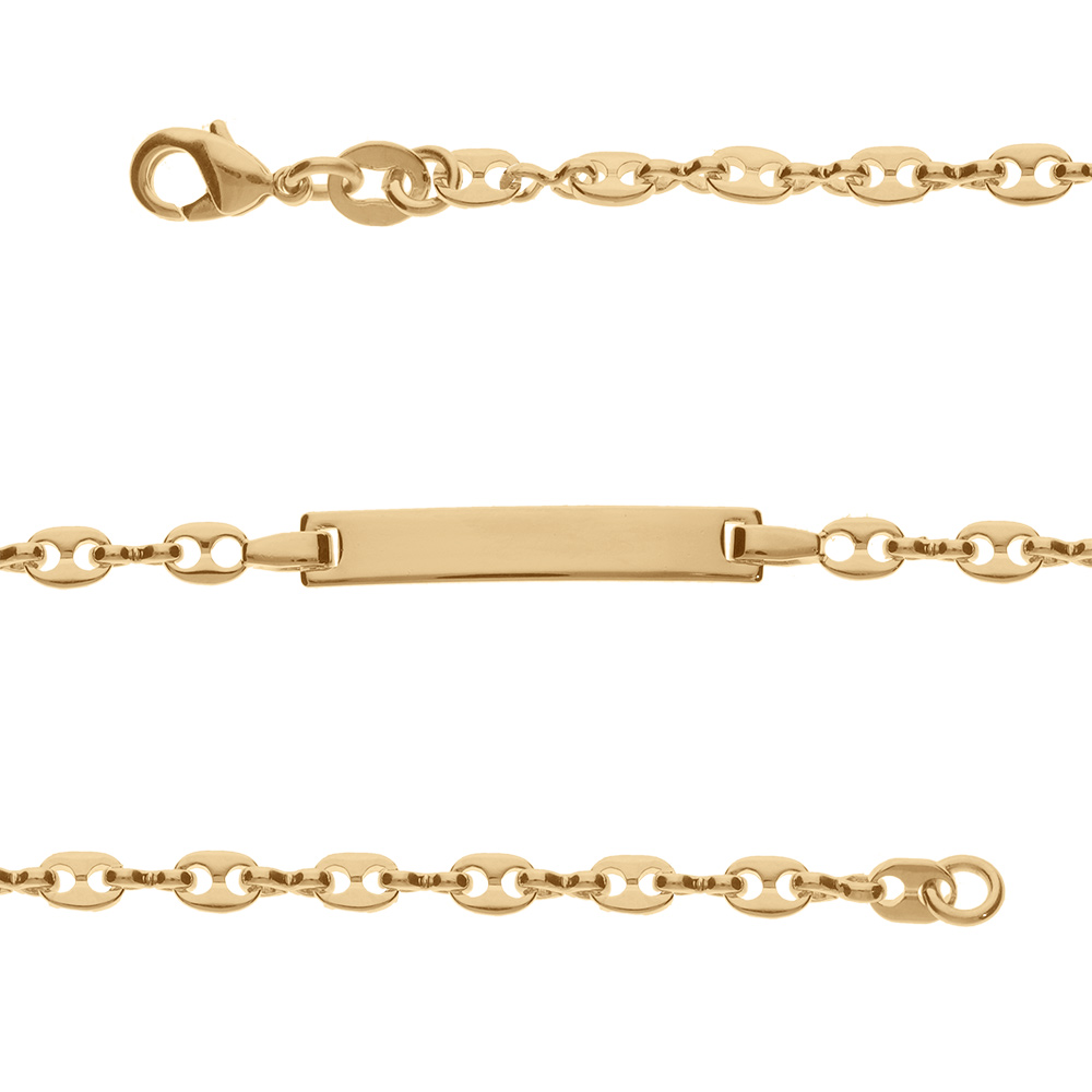 Gourmette enfant en vermeil plaque droite maille grain de café -14,5cm réglable 12,5cm