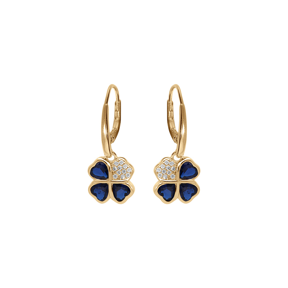 Boucles d'oreille en vermeil trèfle et coeur 10mm oxydes bleus, fermoir dormeuse