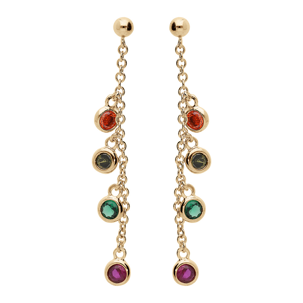 Boucles d'oreille en vermeil à chaine pendante et oxydes multicolores