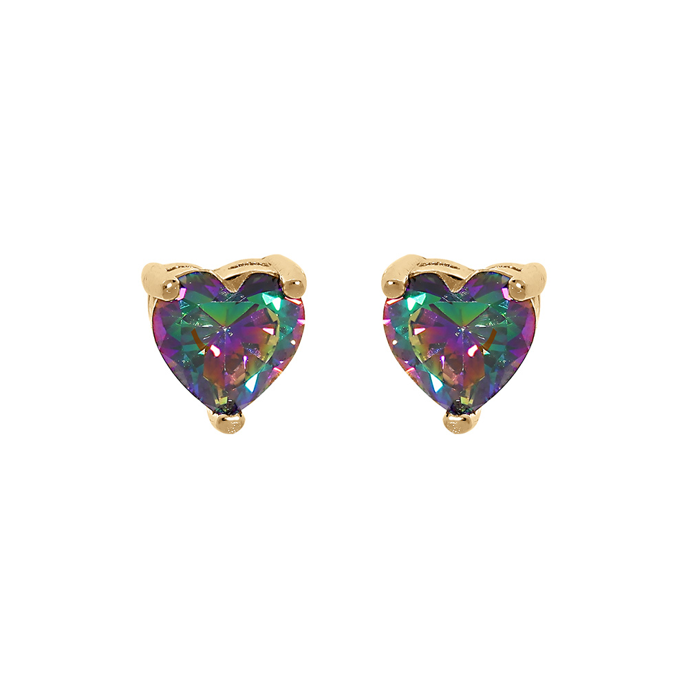 Boucles d'oreille tige en vermeil forme coeur avec oxyde mystique arc en ciel