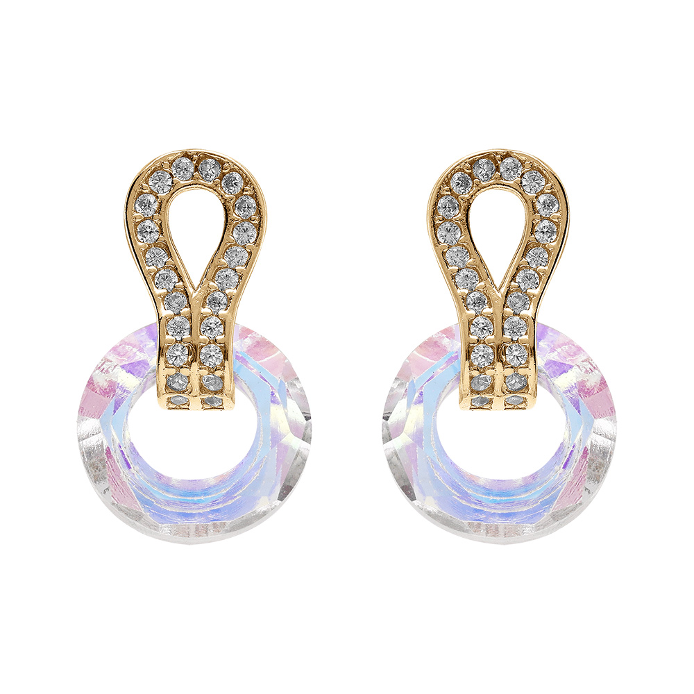 Boucles d'oreille tige en vermeil cercle verre faceté blanc et goutte d'oxydes blancs sertis