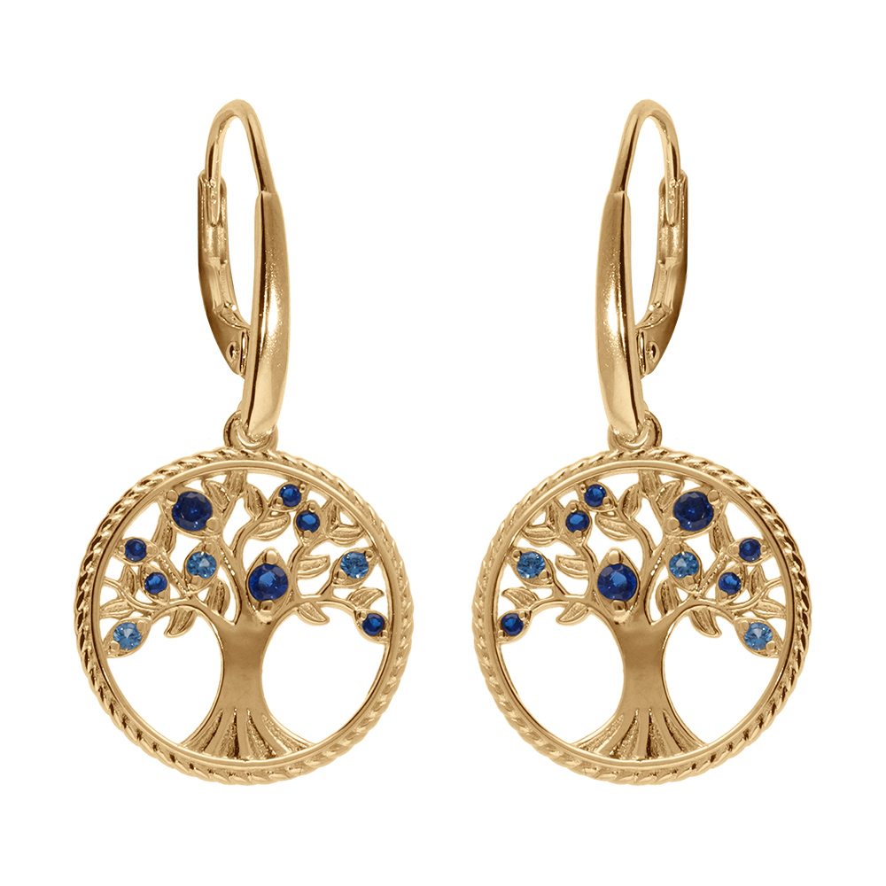 Boucles d'oreille dormeuse en vermeil arbre de vie contour perlé avec oxydes dégradé bleu