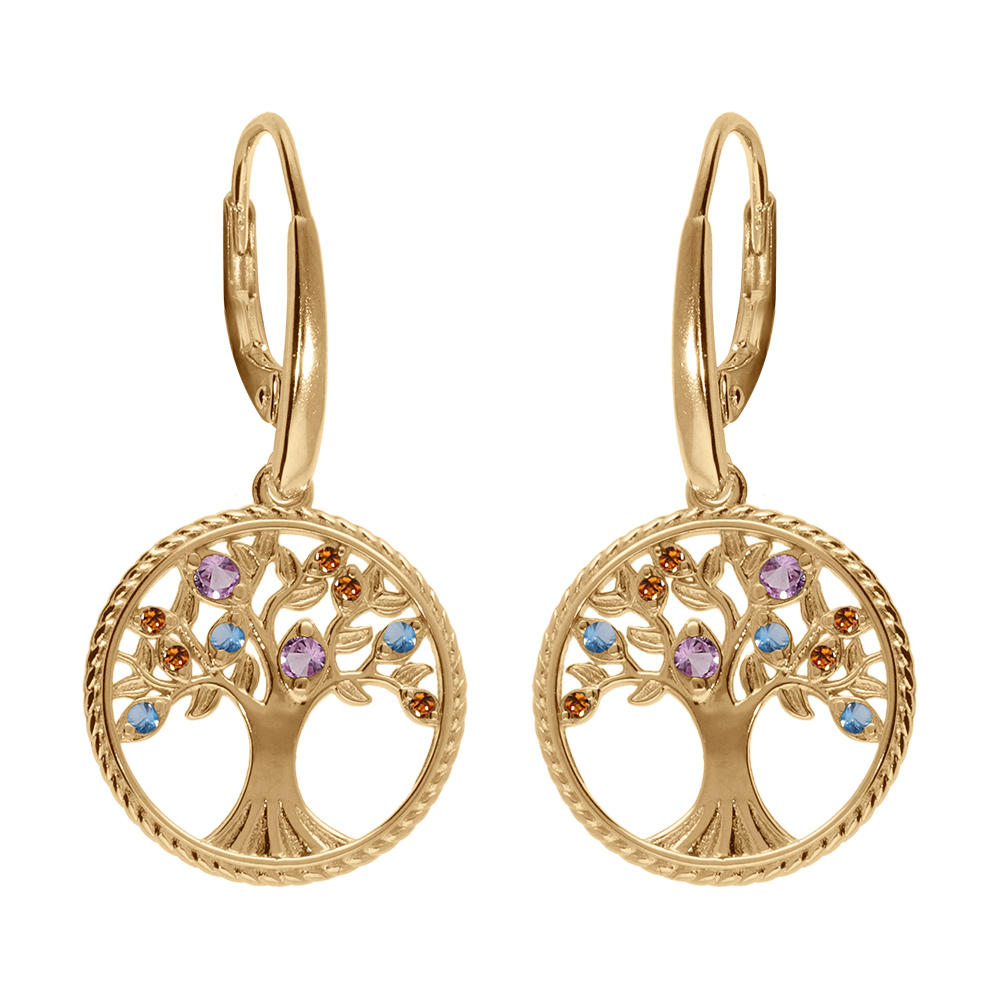 Boucles d'oreille dormeuse en vermeil arbre de vie contour perlé avec oxydes multi couleurs