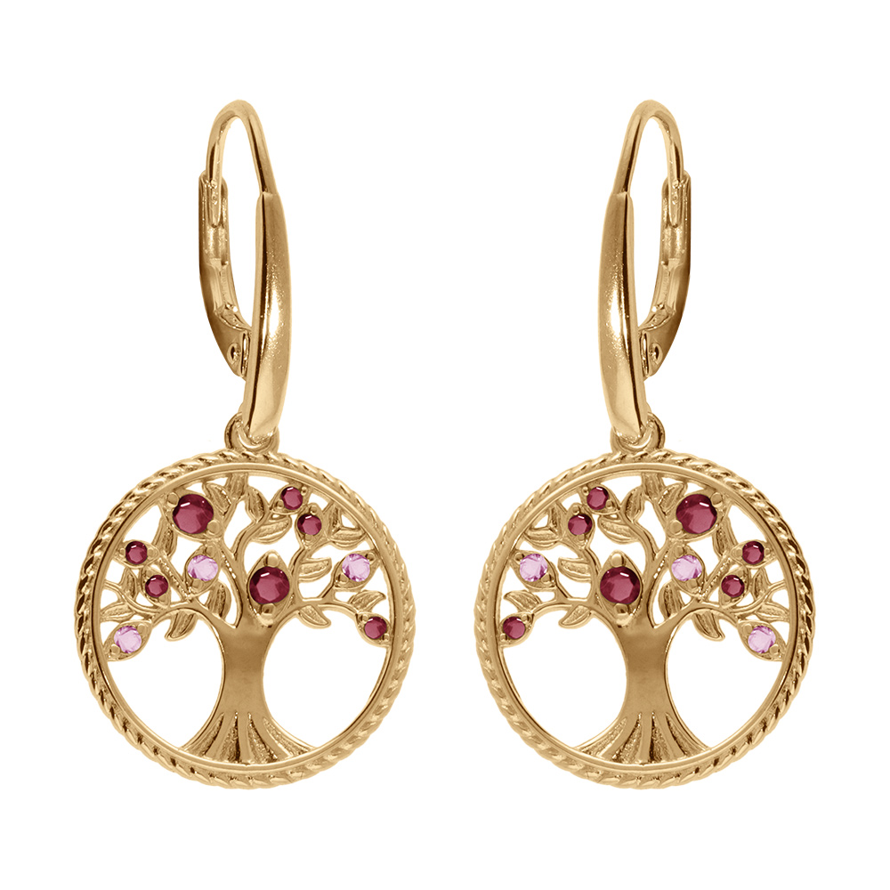Boucles d'oreille dormeuse en vermeil arbre de vie contour perlé avec oxydes degradé rose
