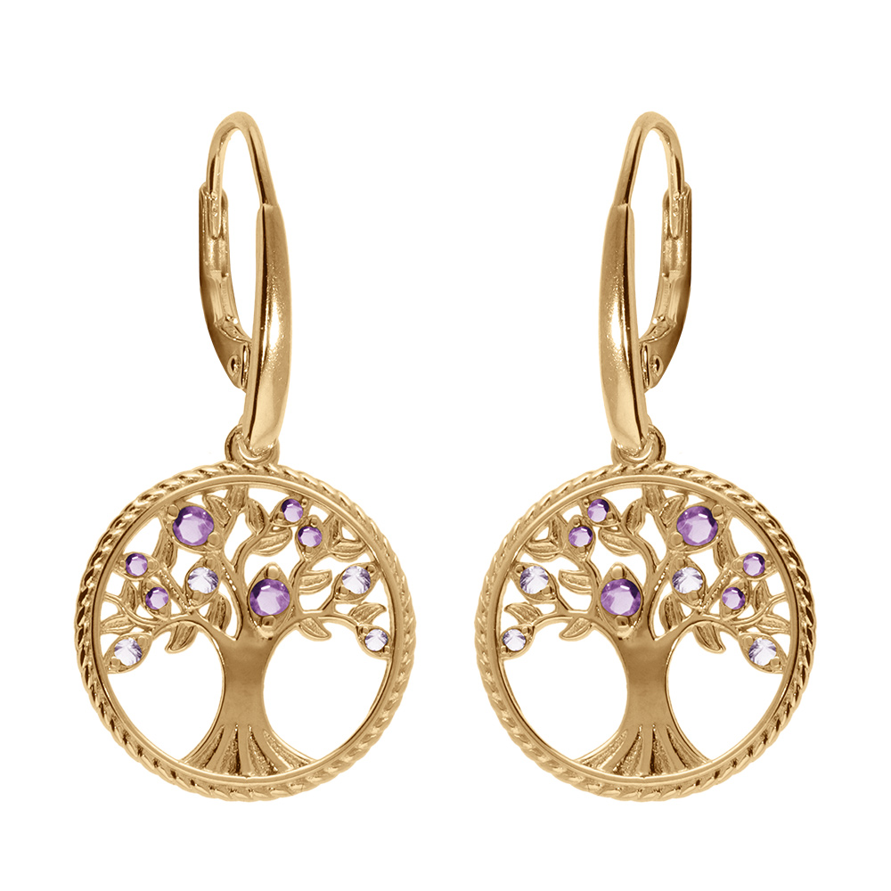 Boucles d'oreille dormeuse en vermeil arbre de vie contour perlé avec oxydes violets
