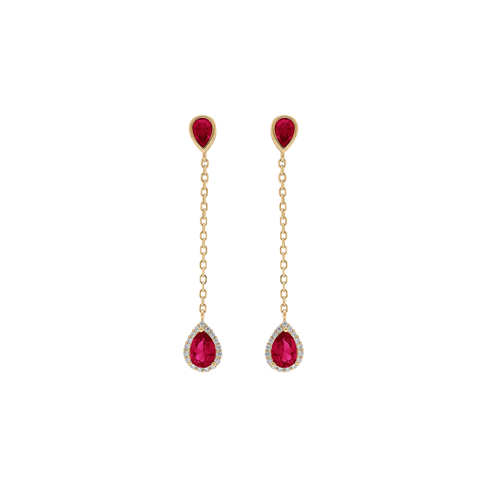 Boucles d'oreille tige en vermeil pendantes gouttes d'oxydes rouges contour oxydes blancs