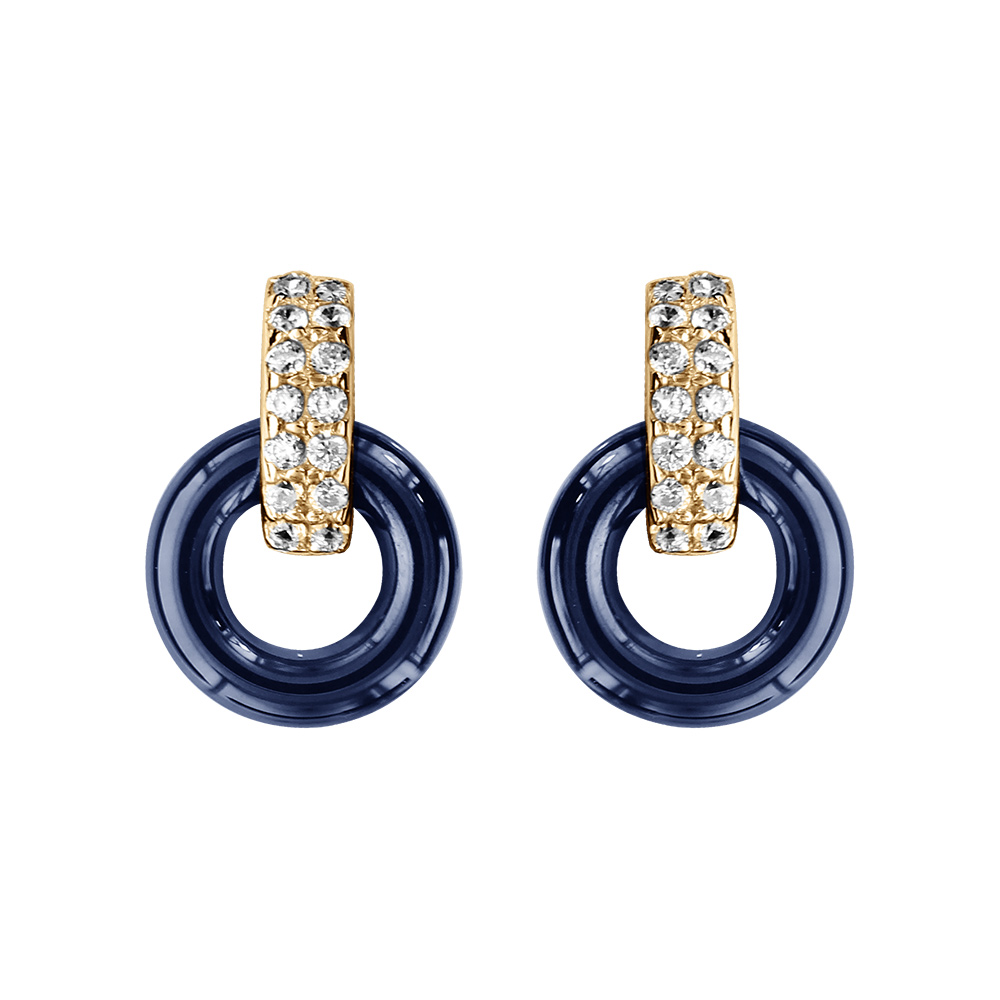Boucles d'oreille tige en vermeil double anneau un en céramique bleu marine et un avec oxydes blancs sertis