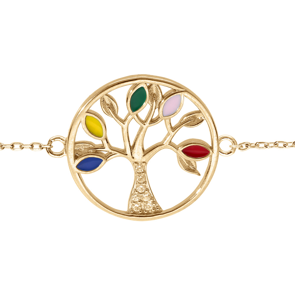 Bracelet en vermeil arbre de vie résine multi couleurs et oxydes blancs - 16+3cm