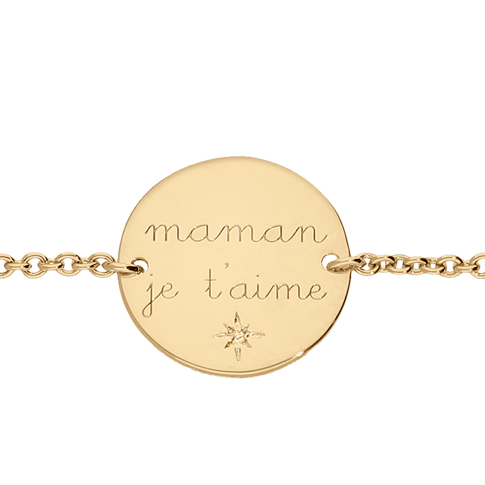 Bracelet en vermeil pastille "maman je t'aime" avec un oxyde blanc serti - 16+3cm