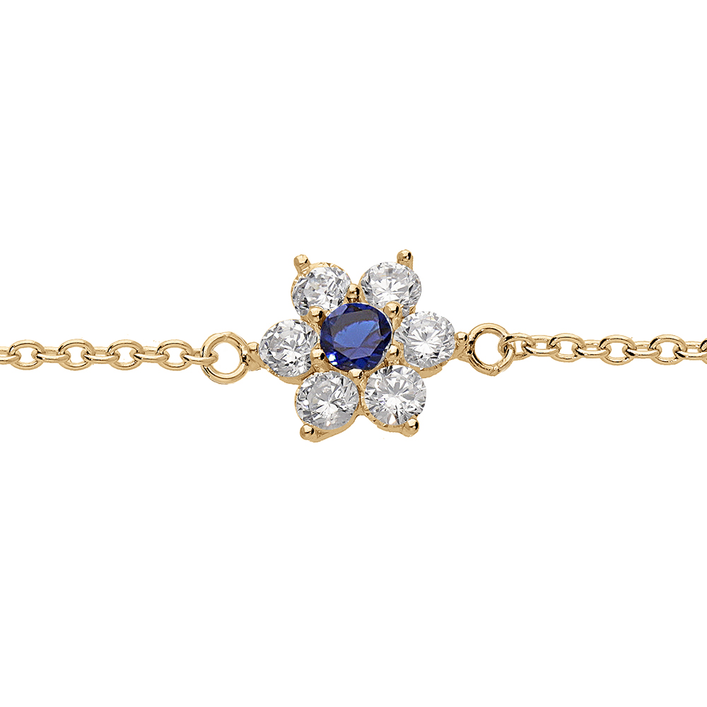 Bracelet en vermeil  marguerite avec oxyde central bleu foncé et contour blancs sertis - 16.5+2cm