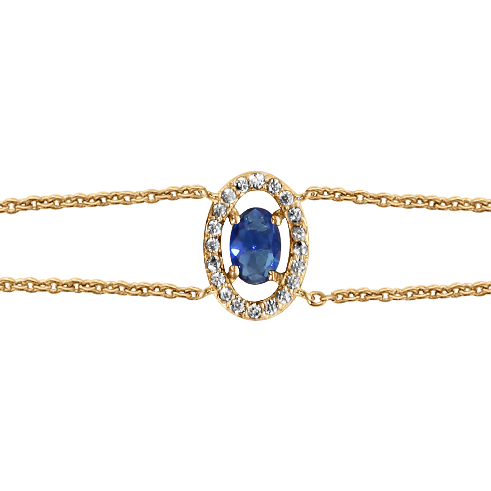 Bracelet en vermeil forme ovale verre bleu foncé entourage d'oxydes blancs sertis - 16+2cm
