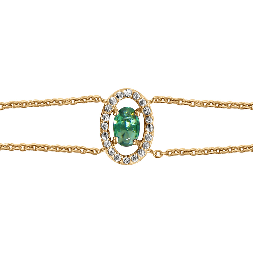 Bracelet en vermeil forme ovale verre vert entourage d'oxydes blancs sertis - 16+2cm