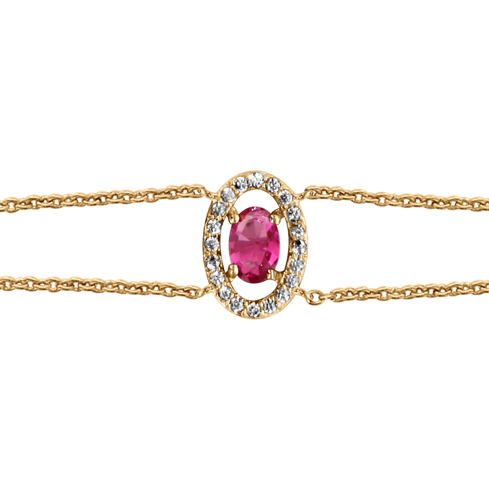 Bracelet en vermeil forme ovale verre fushia entourage d'oxydes blancs sertis - 16+2cm