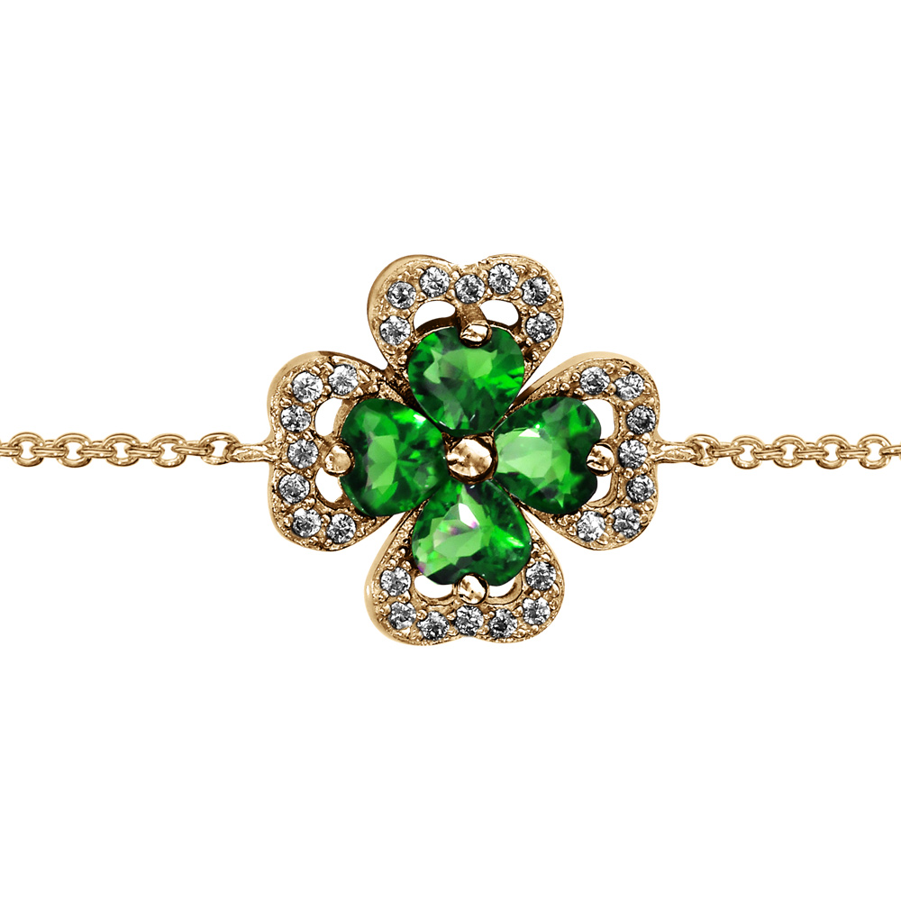 Bracelet en vermeil chaîne avec motif trèfle et pierre verte entourage oxydes blancs sertis 16+2cm