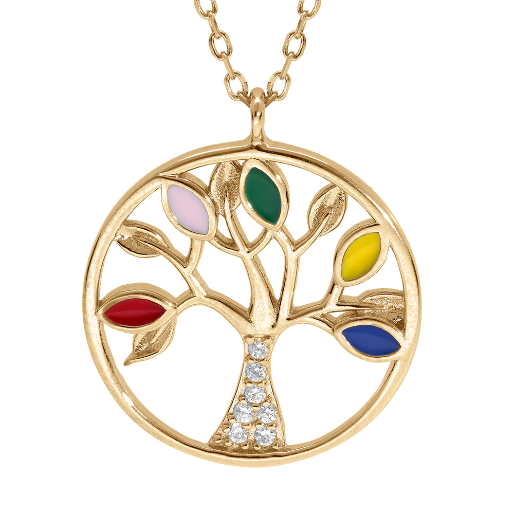 Collier en vermeil arbre de vie résine multi couleurs et oxydes blancs - 40+5cm