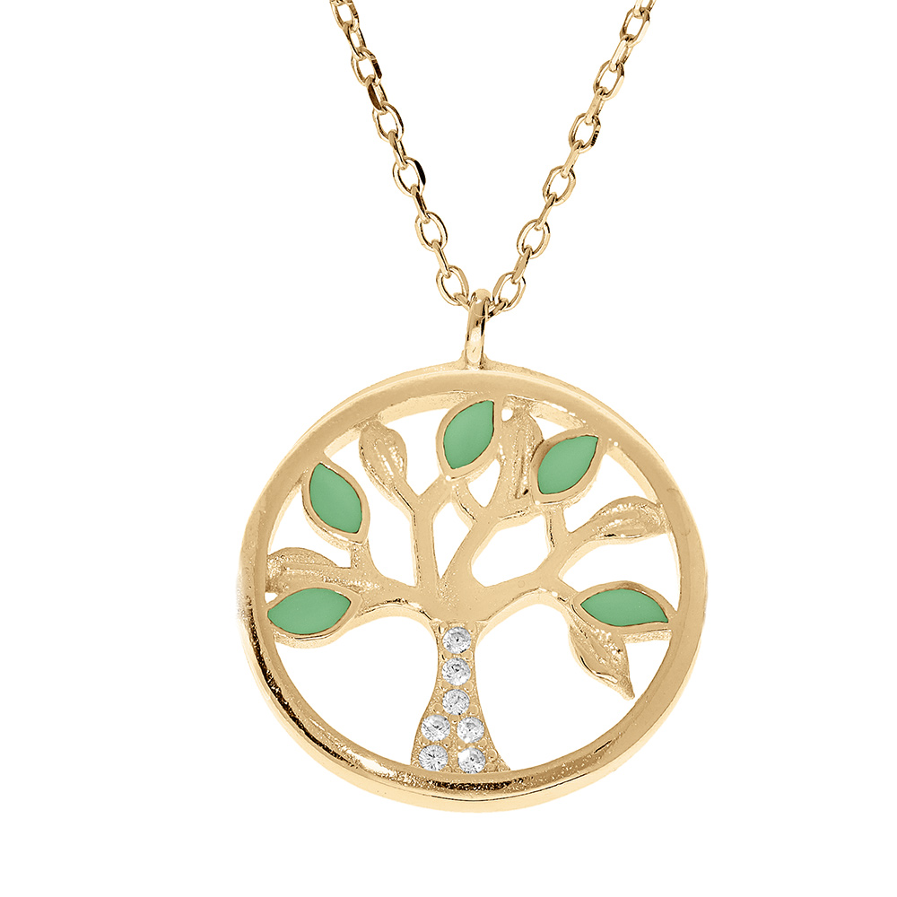 Collier en vermeil arbre de vie résine vert et oxydes blancs - 40+5cm