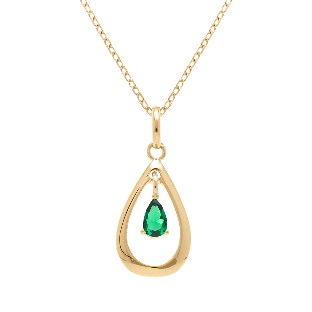 Collier en vermeil pendentif goutte ovale 15mm avec goutte d'oxyde vert - 42+3cm