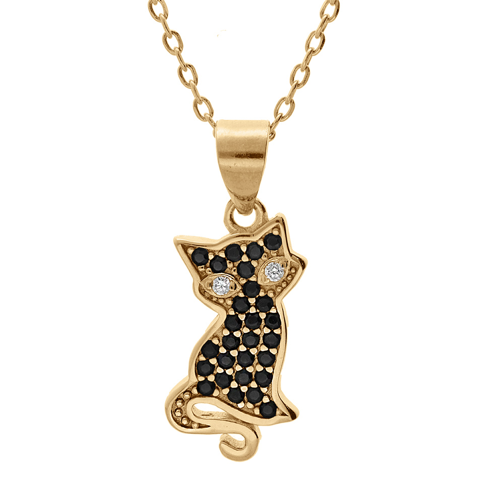Collier en vermeil pendentif chat paré d'oxydes noirs sertis - 43cm réglable 41 et 39cm