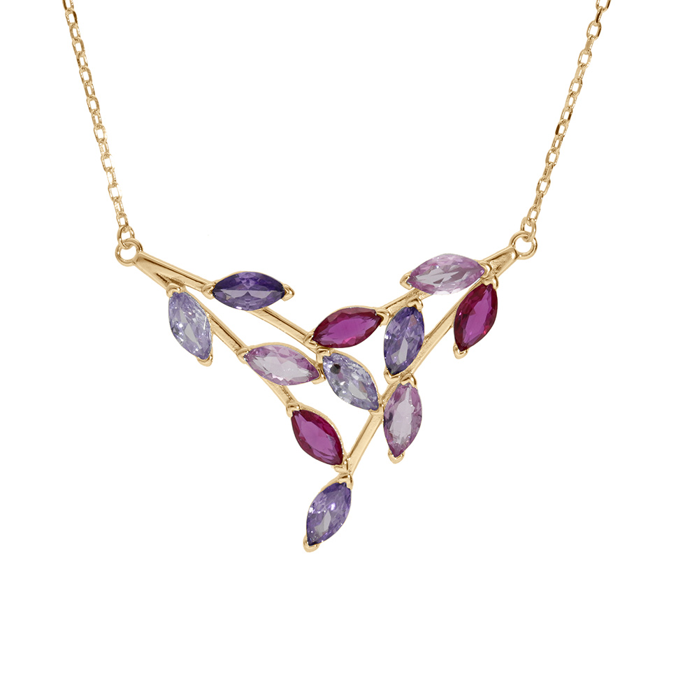 Collier en vermeil forme pointe empiérré violet rose fuschia  - 40+5cm