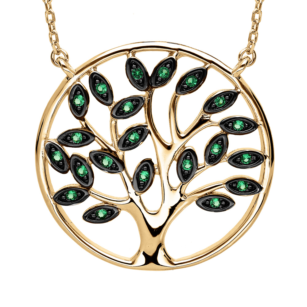 Collier en vermeil massif pendentif arbre de vie pierres vertes entouré   -  40+5cm