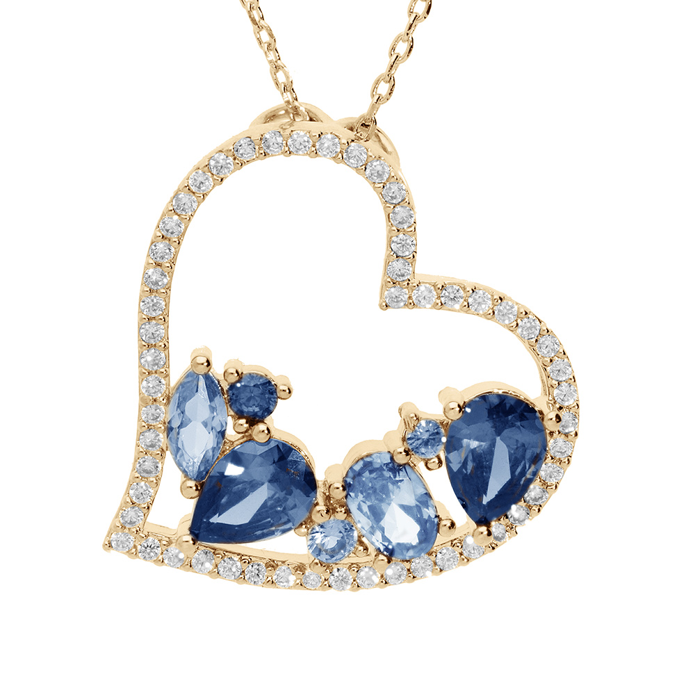 Collier en vermeil massif pendentif coeur avec oxydes bleus à l'intérieuret contour oxydes blancs - 40+5cm