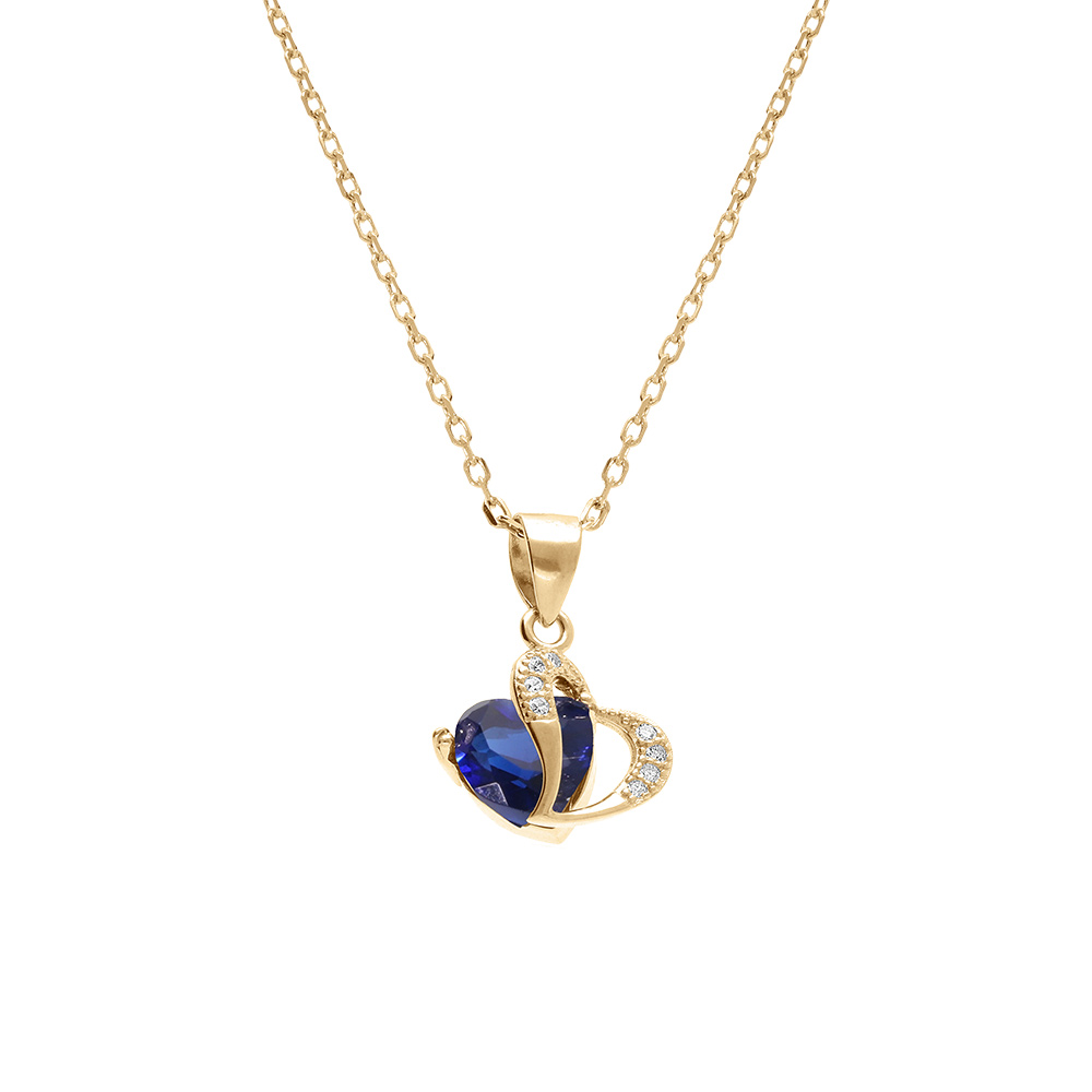 Collier en vermeil pendentif double coeur oxyde bleu et blancs  - 40+3cm