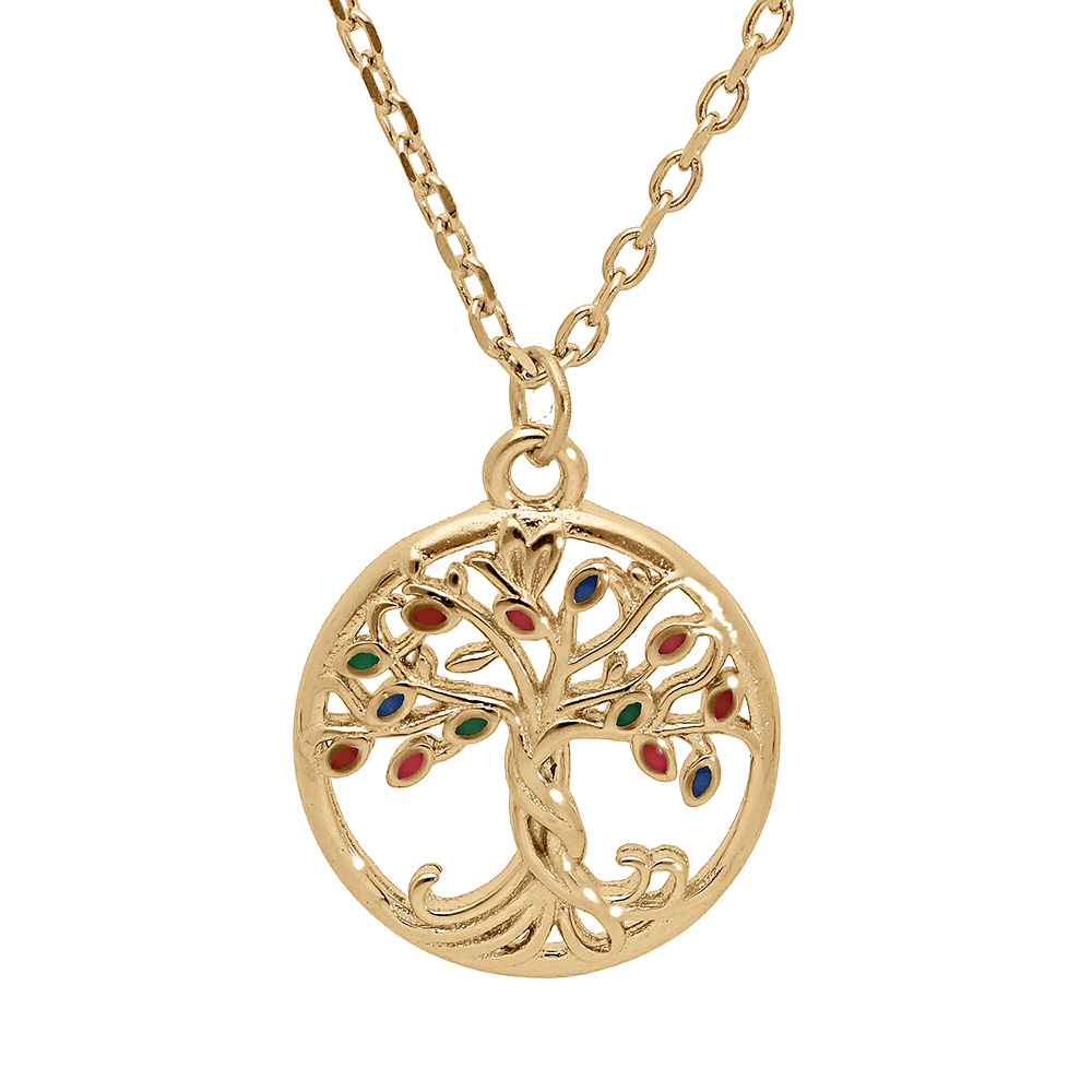 Collier en vermeil pendentif arbre de vie résine multi couleurs - 40+4cm