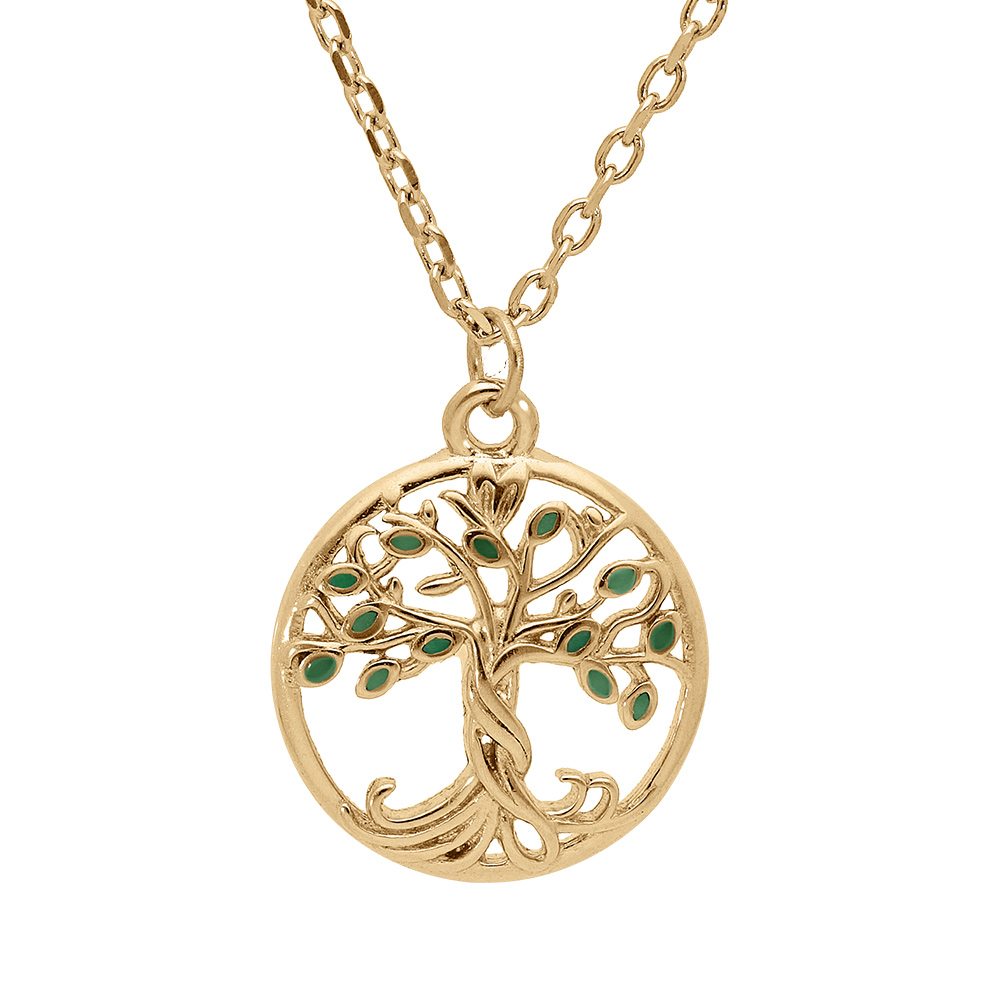 Collier en vermeil pendentif arbre de vie résine verte - 40+4cm