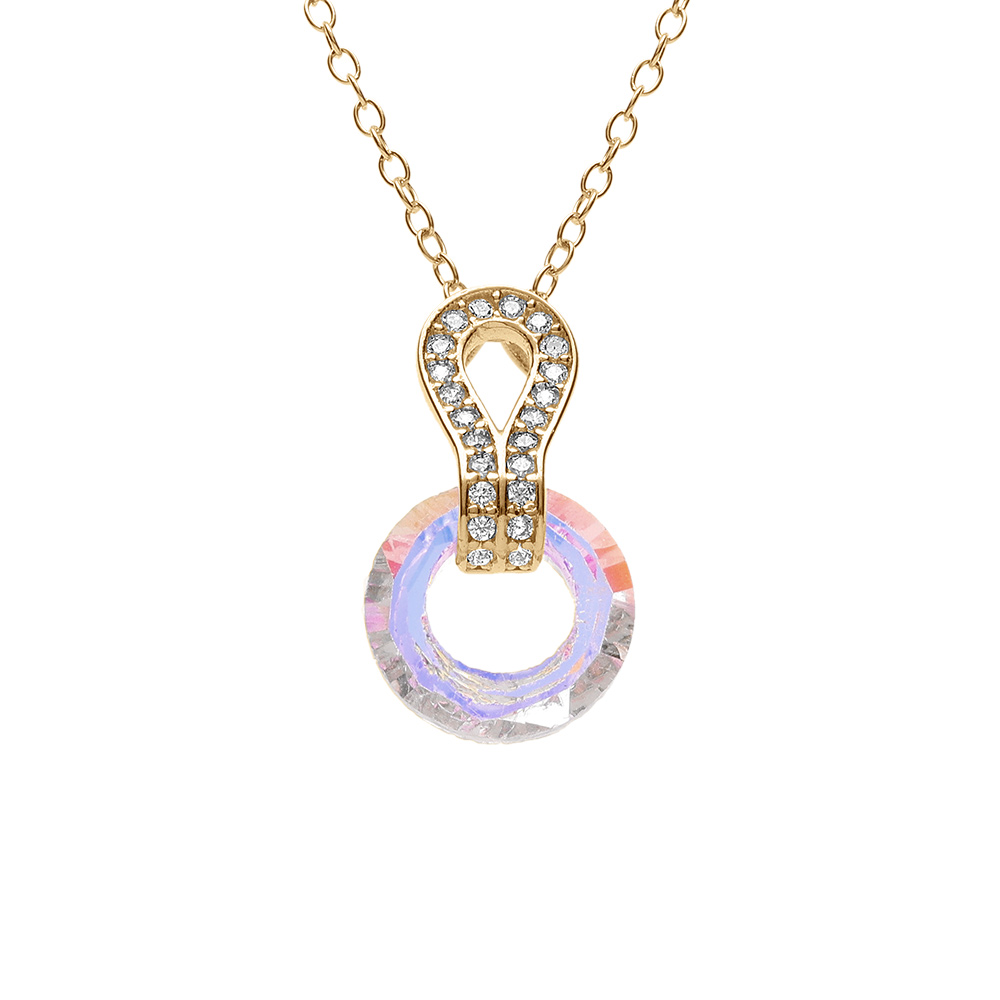 Collier en vermeil pendentif cercle verre faceté blanc et volute oxydes blancs sertis - 44cm réglable 42 et 40