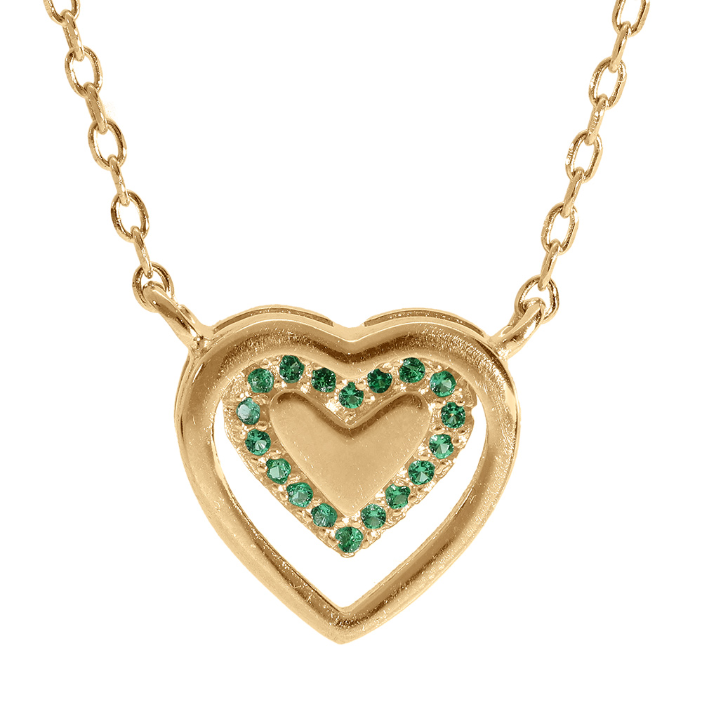 Collier en vermeil pendentif coeur avec oxydes verts - 40+4cm
