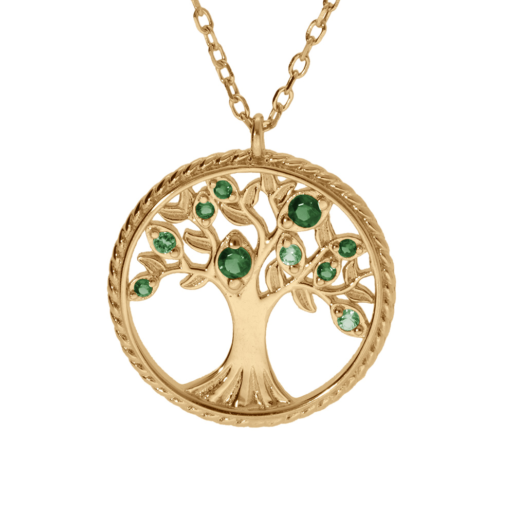 Collier en vermeil pendentif arbre de vie avec oxydes verts et contour perlé du cercle - 42+3cm