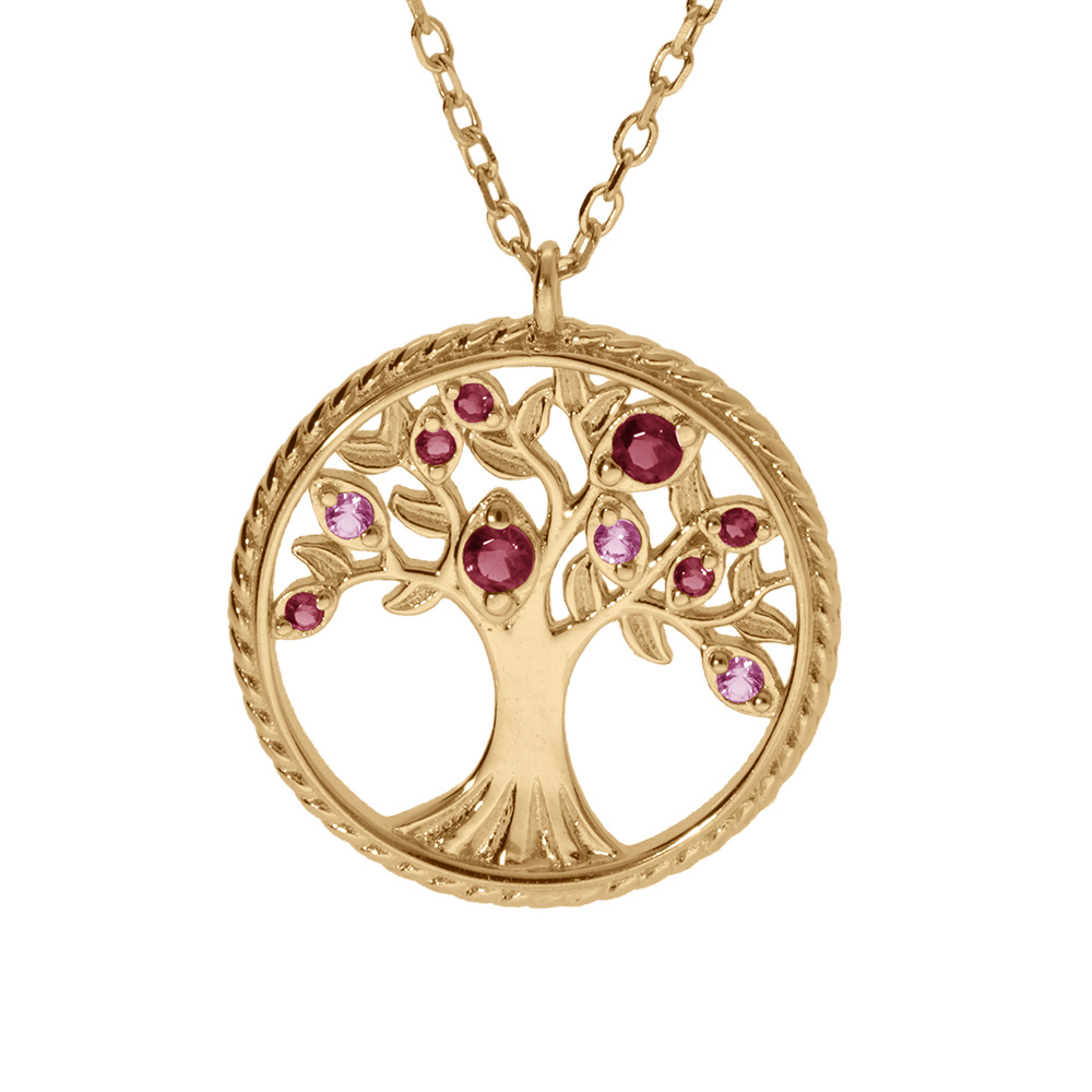 Collier en vermeil pendentif arbre de vie  avec oxydes de dégradé rose contour perlé du cercle - 42+3cm