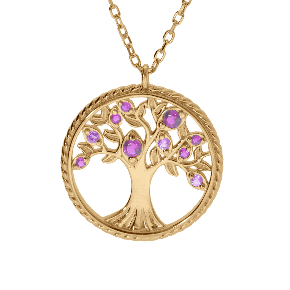 Collier en vermeil pendentif arbre de vie  avec oxydes violet  et contour perlé du cercle - 42+3cm