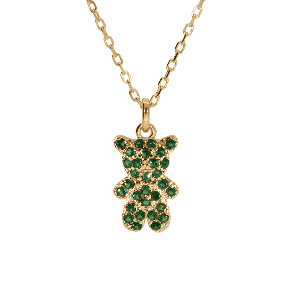 Collier en vermeil ourson oxydes verts - 38+6cm
