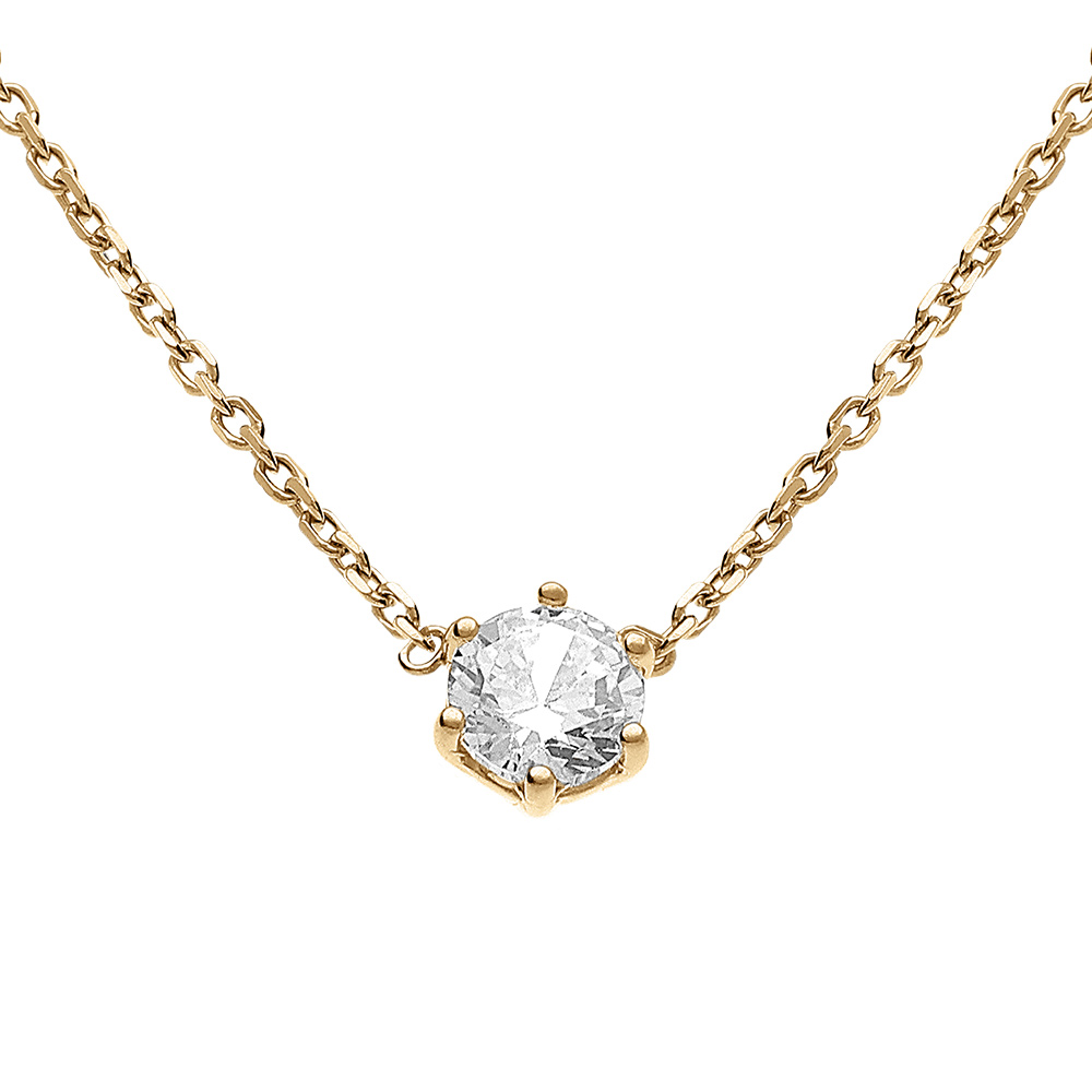 Collier en vermeil solitaire d'oxyde blanc 5mm sertis 6 griffes - 38+4cm