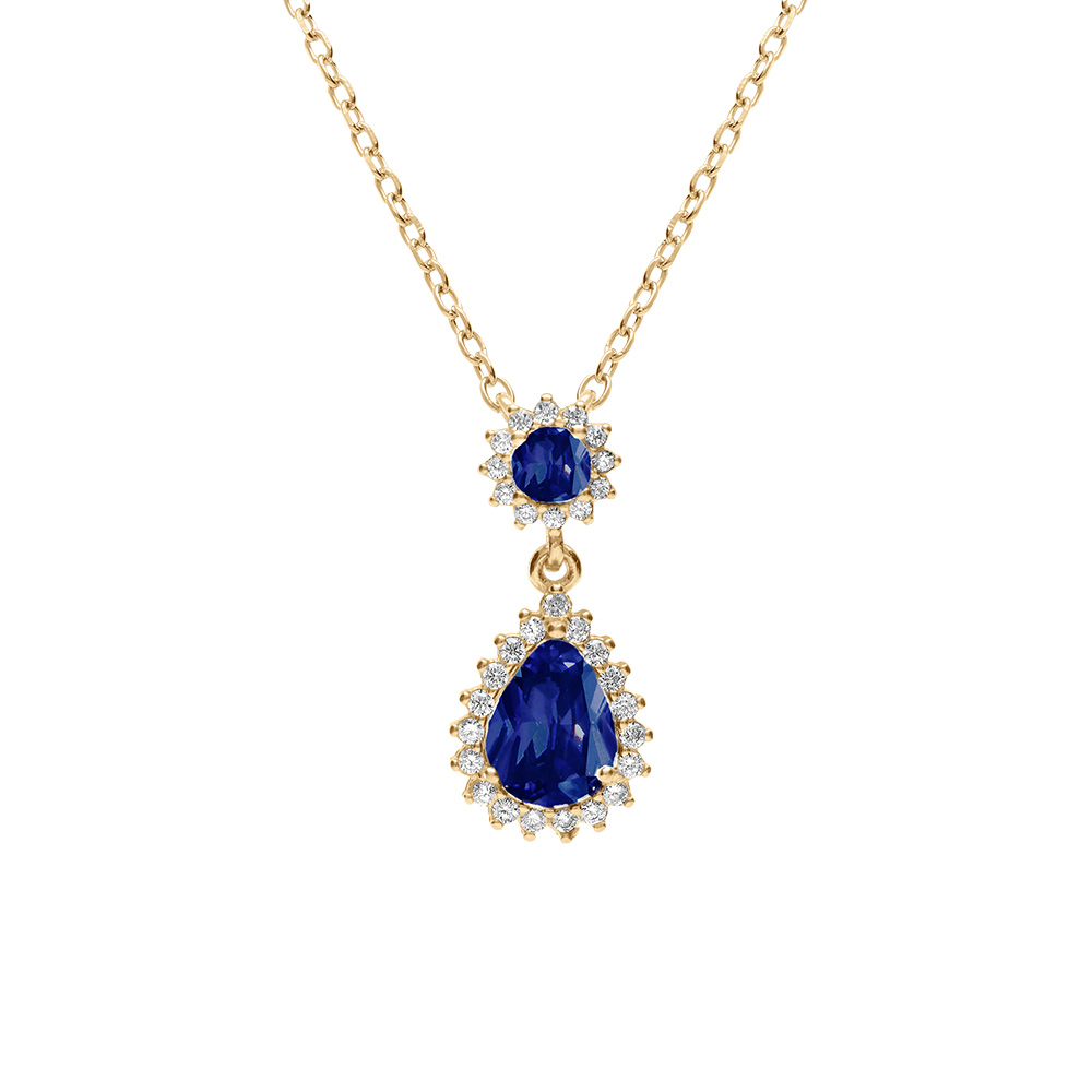 Collier en vermeil pendentif goutte oxydes bleu et contour oxydes blancs sertis  - 42+3cm