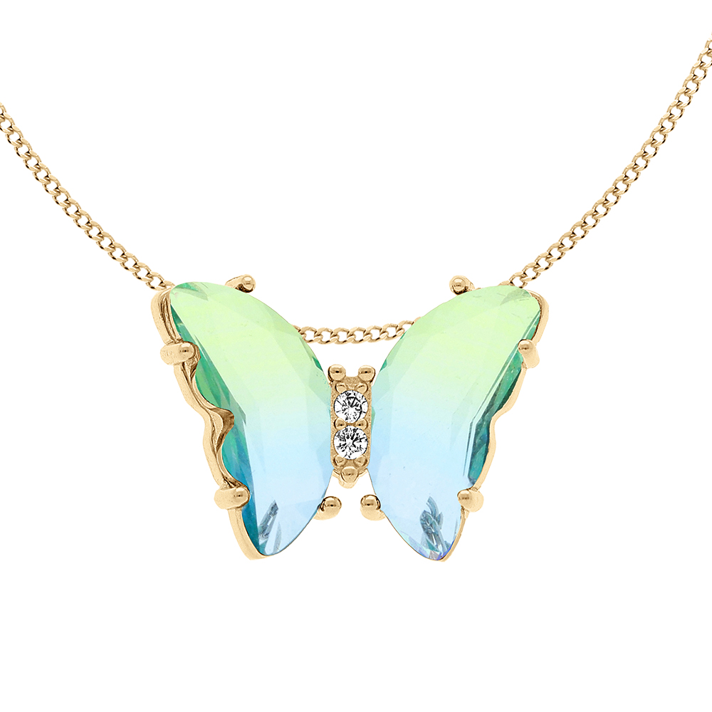Collier en vermeil papillon 20x15mm verre dégradé bleu vert et orné d'oxydes blancs sertis - 42+3cm