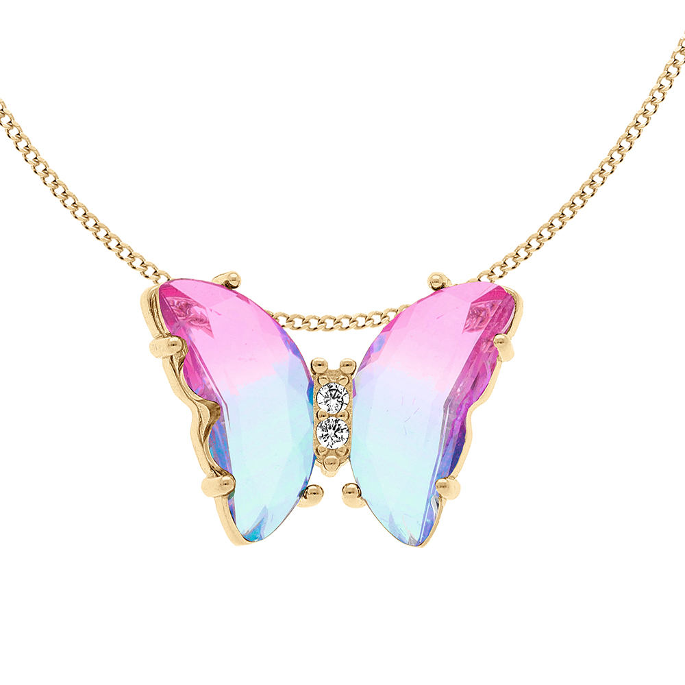 Collier en vermeil papillon 20x15mm verre dégradé rose et orné d'oxydes blancs sertis - 42+3cm